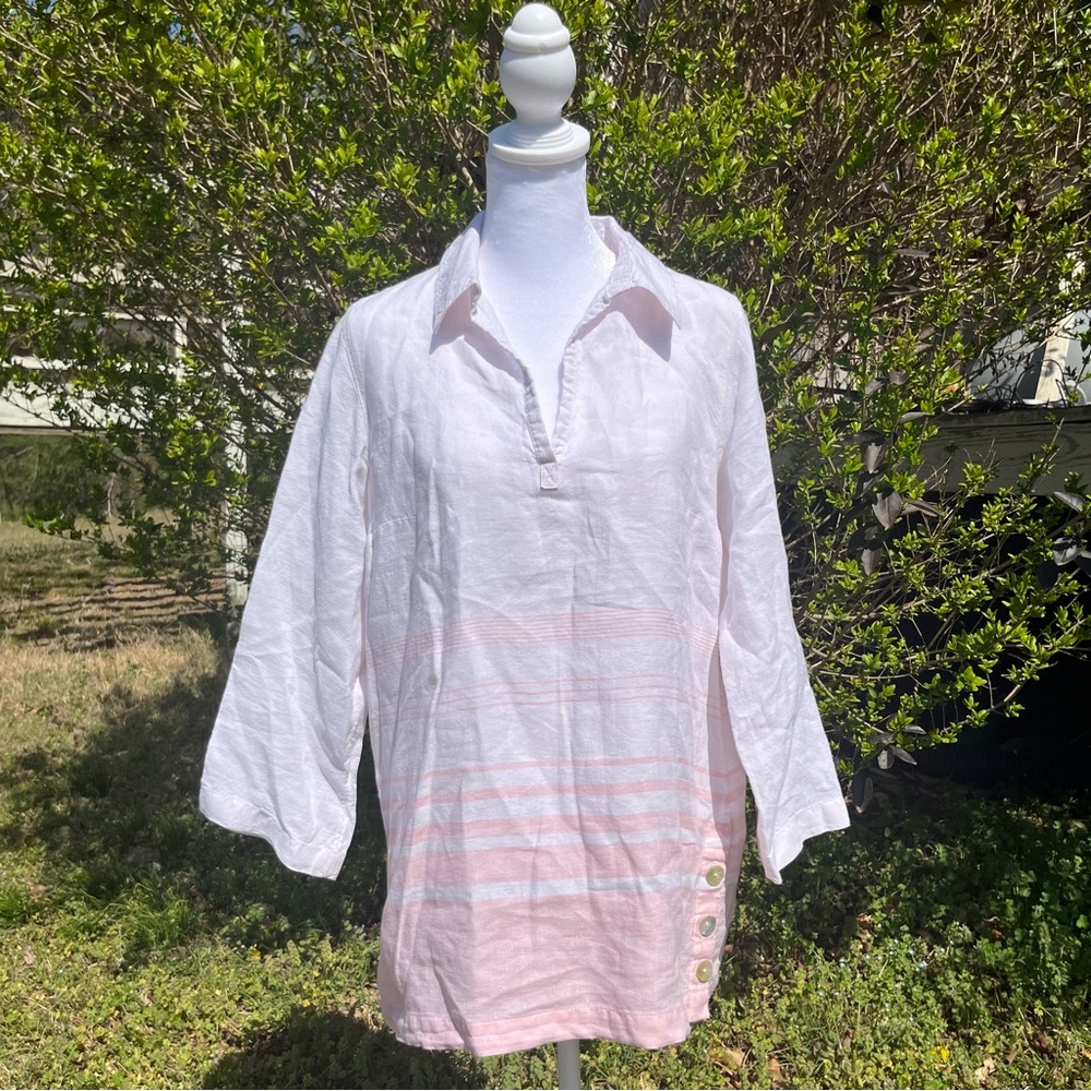 Sigrid Olsen 100% Linen Size Small Top Pink & White Perfect for Summer!